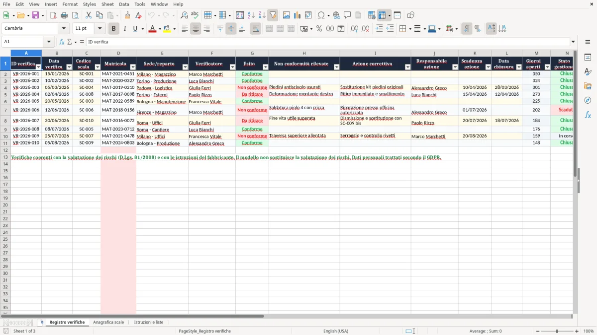 Anteprima del modello Excel Registro verifiche scale portatili Excel — foglio Registro verifiche (immagine 1)