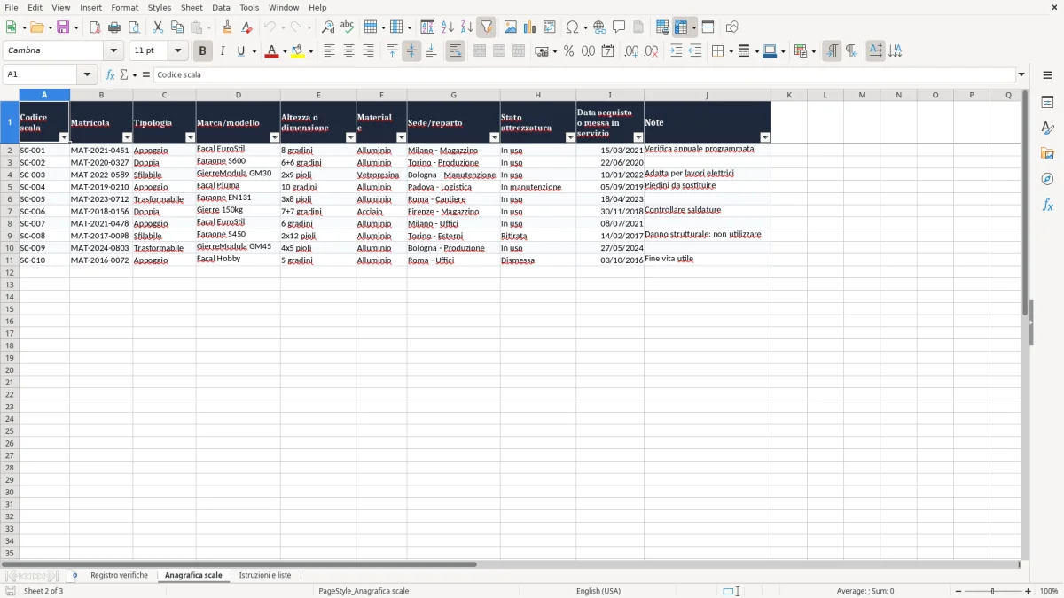 Anteprima del modello Excel Registro verifiche scale portatili Excel — foglio Anagrafica scale (immagine 2)
