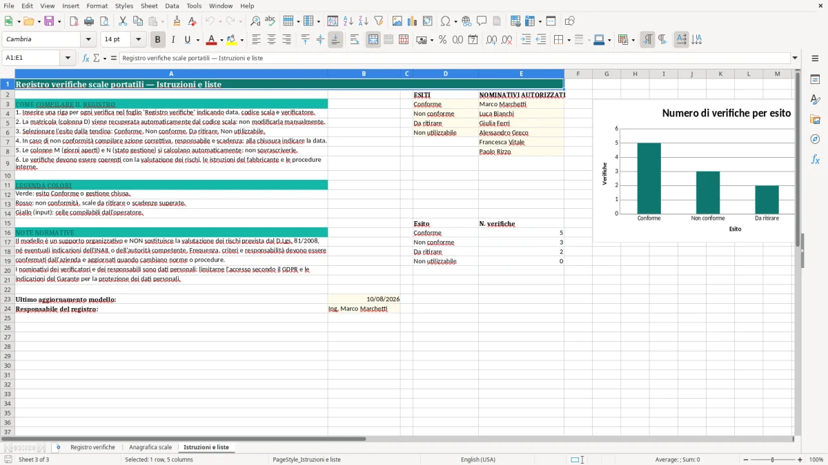 Anteprima del modello Excel Registro verifiche scale portatili Excel — foglio Istruzioni e liste (immagine 3)