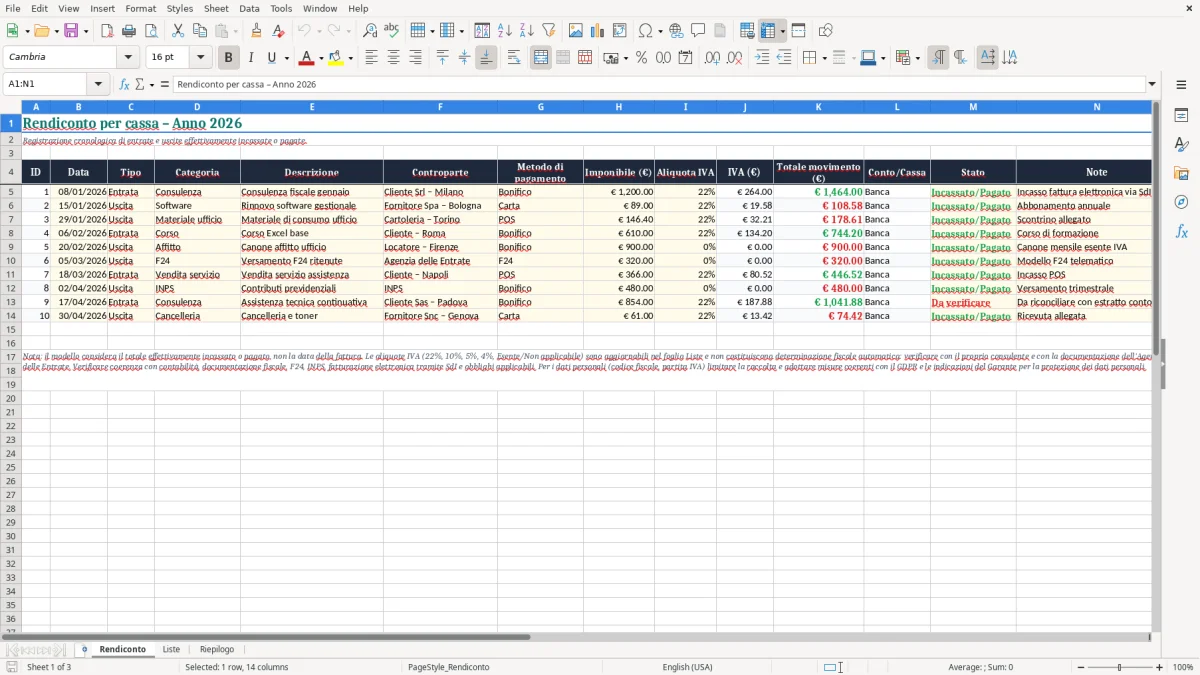 Anteprima del modello Excel Rendiconto per cassa – Modello Excel — foglio Rendiconto (immagine 1)