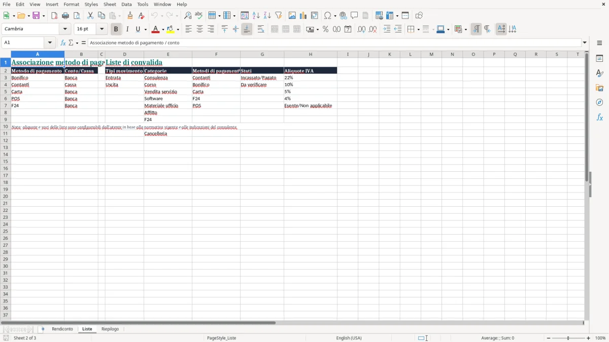 Anteprima del modello Excel Rendiconto per cassa – Modello Excel — foglio Liste (immagine 2)