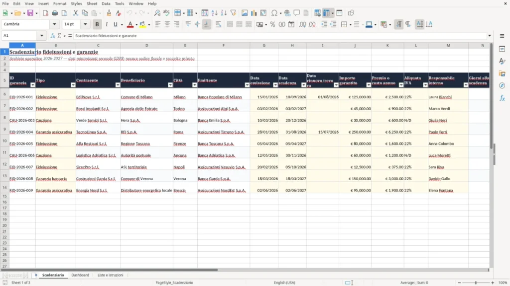 Anteprima del modello Scadenziario fideiussioni Excel – Modello Gratis (2026)