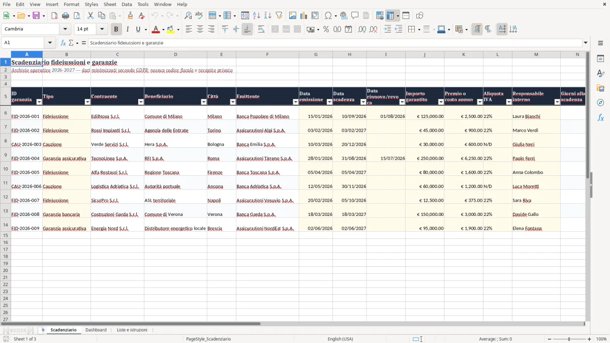 Anteprima del modello Excel Scadenziario fideiussioni e garanzie Excel — foglio Scadenziario (immagine 1)