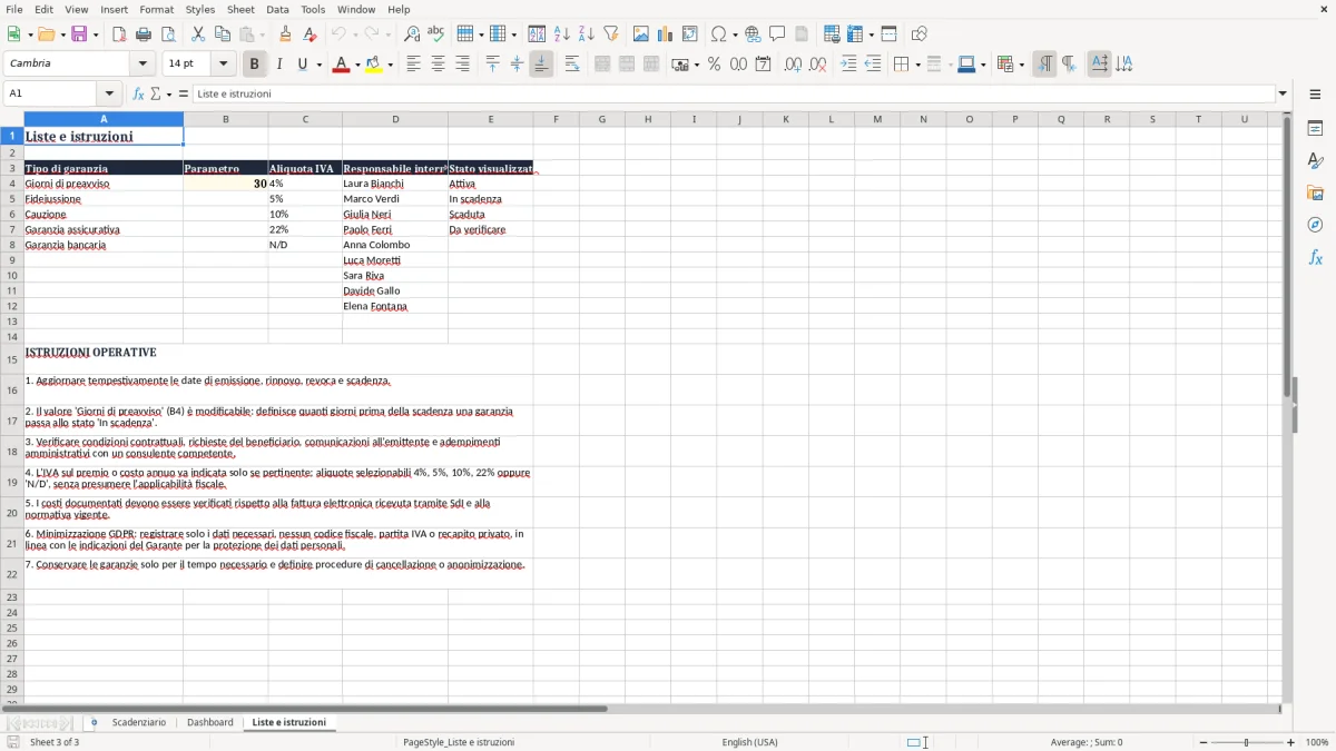 Anteprima del modello Excel Scadenziario fideiussioni e garanzie Excel — foglio Liste e istruzioni (immagine 3)