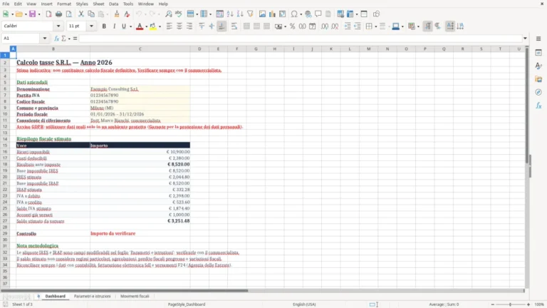 Anteprima di Calcolo delle tasse di una S.r.l. in Excel