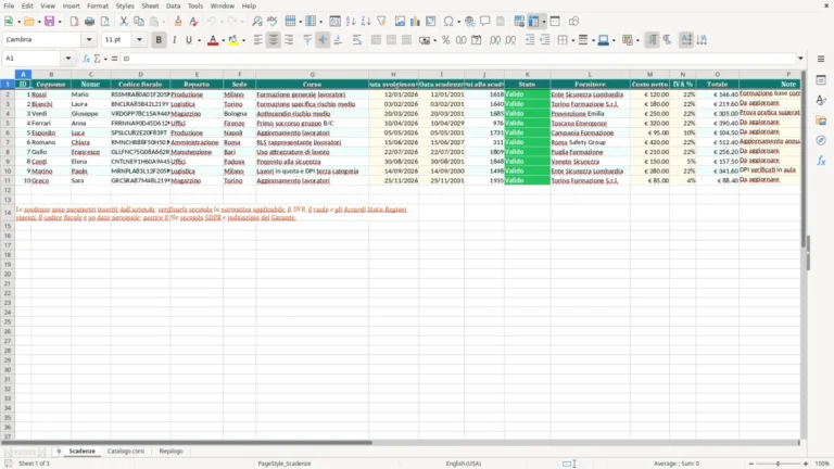 Anteprima di Scadenziario dei corsi di sicurezza in Excel