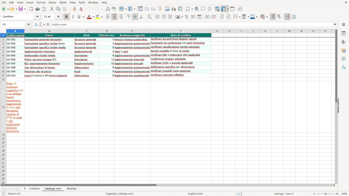 Anteprima del modello Excel Tabella Scadenze Corsi Sicurezza Excel — foglio Catalogo corsi (immagine 2)