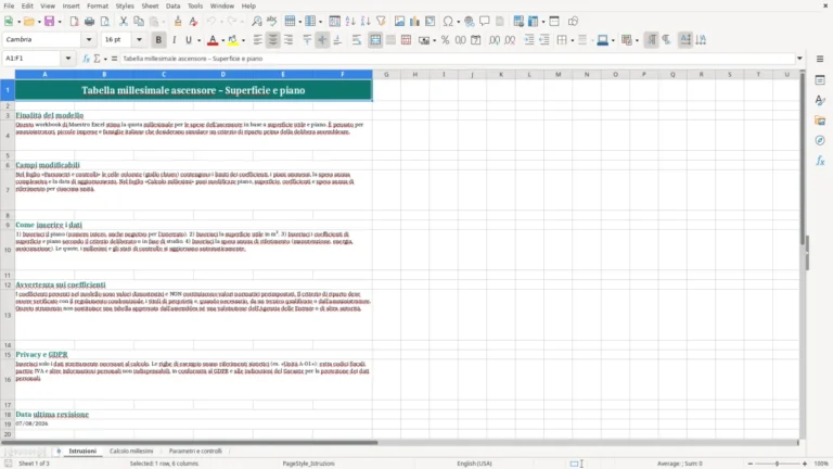 Anteprima di Tabella millesimale dell’ascensore in Excel per superficie e piano