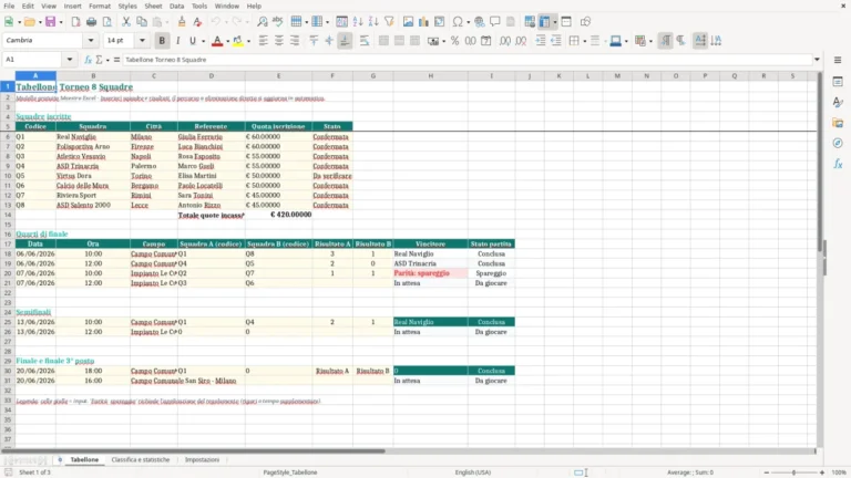 Anteprima di Tabellone per un torneo a 8 squadre in Excel