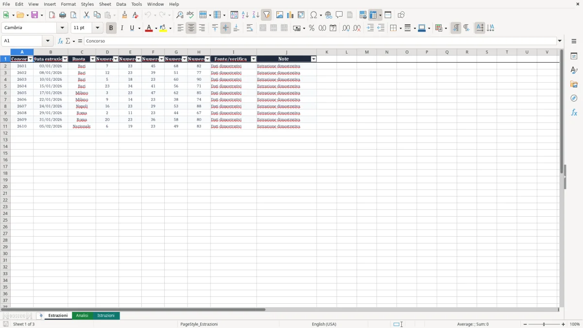 Anteprima del modello Excel Tabellone analitica del Lotto in Excel — foglio Estrazioni (immagine 1)