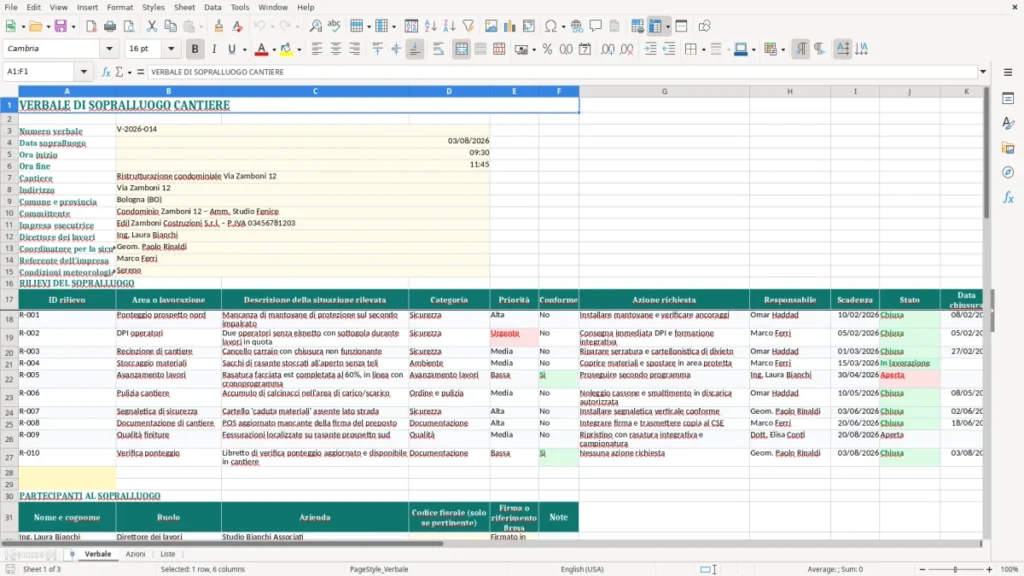 Anteprima del modello Verbale cantiere Excel – Modello Gratis (2026)