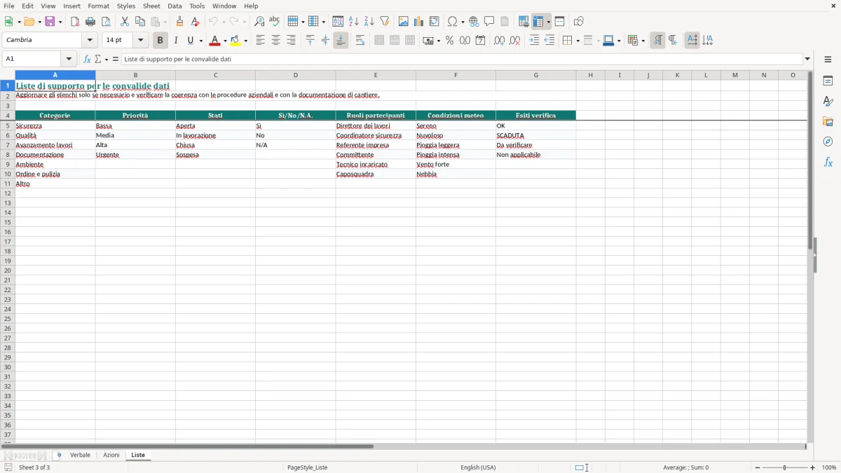 Anteprima del modello Excel Verbale sopralluogo cantiere Excel — foglio Liste (immagine 3)