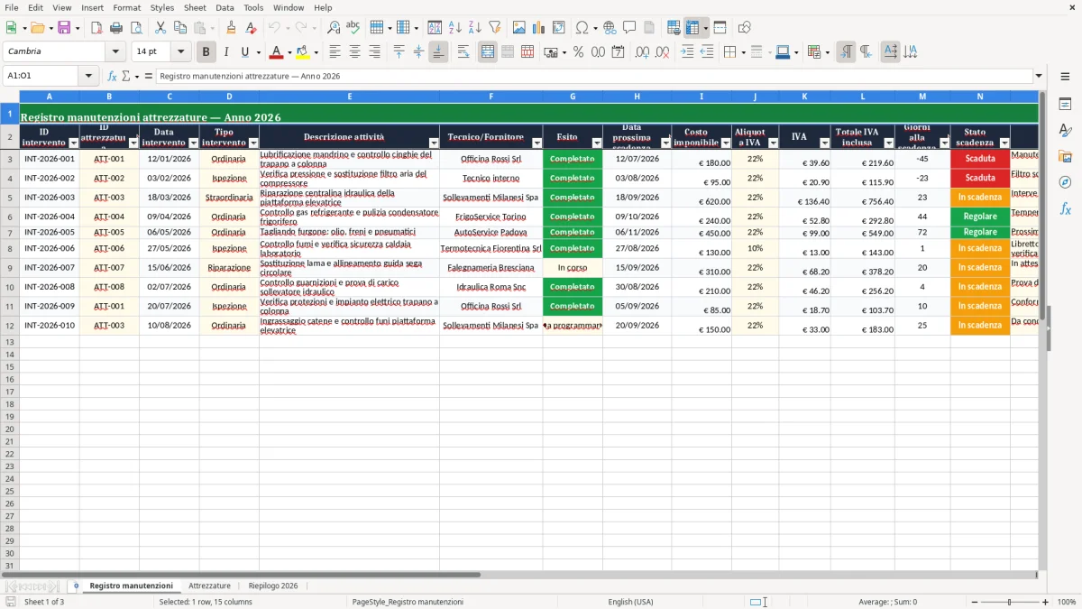 Anteprima del modello Excel manutenzione attrezzature registro excel modello gratis 2026 — foglio Registro manutenzioni (immagine 1)