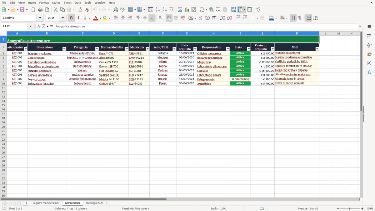 Anteprima del modello Excel manutenzione attrezzature registro excel modello gratis 2026 — foglio Attrezzature (immagine 2)