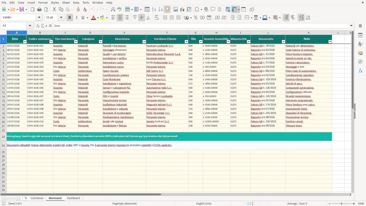 Anteprima del modello Excel modello Excel gestione commesse — foglio Movimenti (immagine 2)