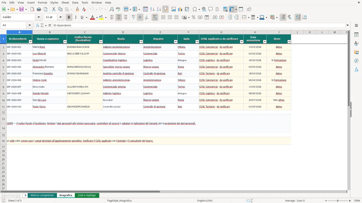 Anteprima del modello Excel matrice competenze Excel — foglio Anagrafica (immagine 2)
