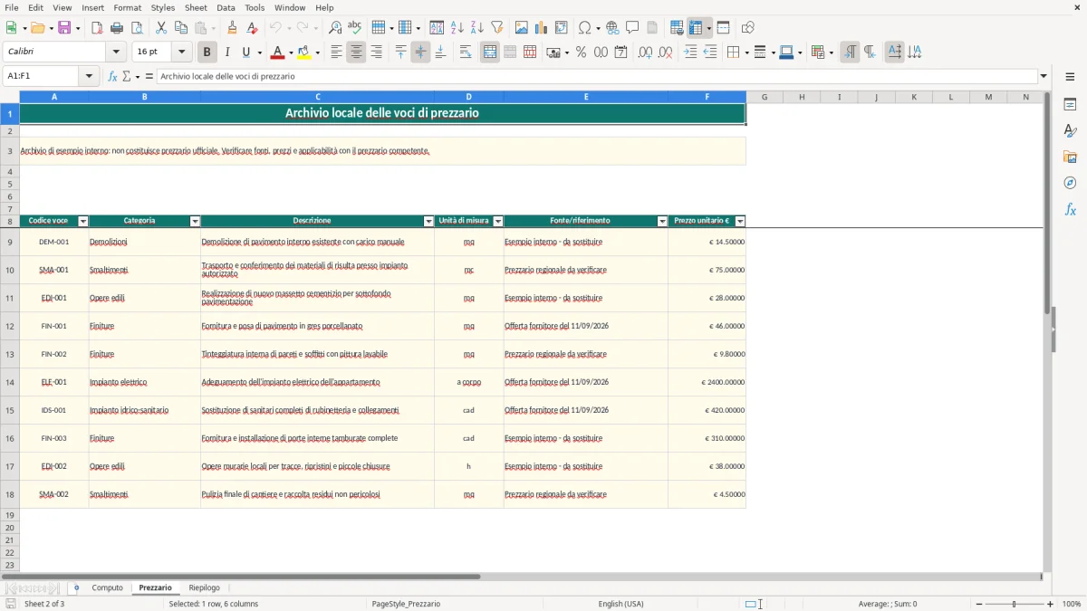 Anteprima del modello Excel modello Excel computo metrico — foglio Prezzario (immagine 2)