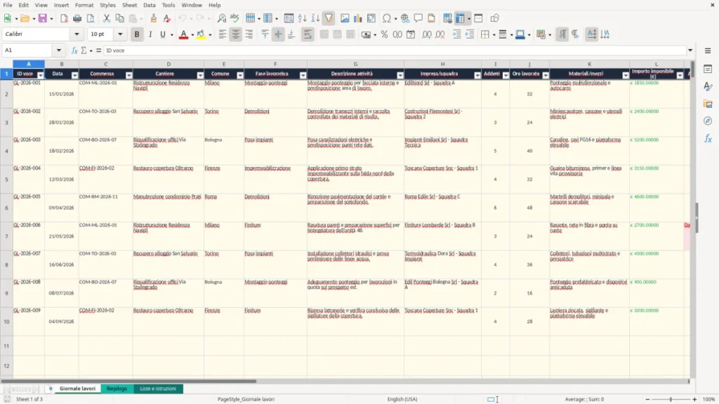 Anteprima del modello Giornale dei lavori Excel – Modello Gratis (2026)