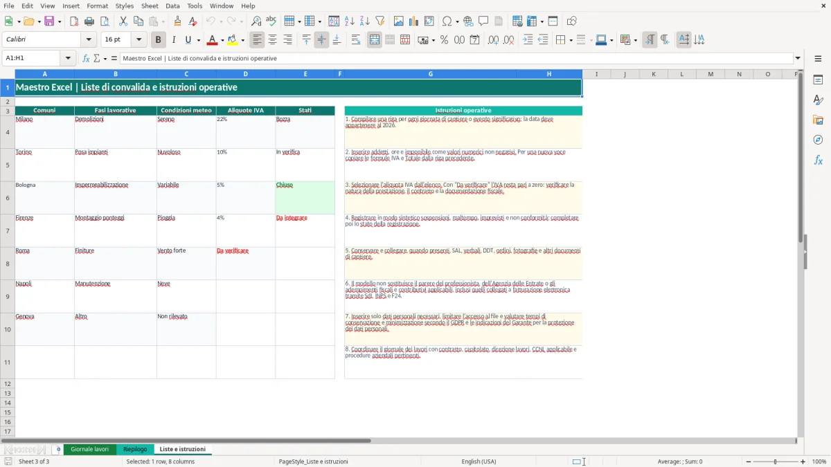 Anteprima del modello Excel modello Excel giornale dei lavori — foglio Liste e istruzioni (immagine 3)