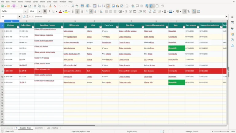 Anteprima di Registro chiavi Excel – Modello Gratis (2026)