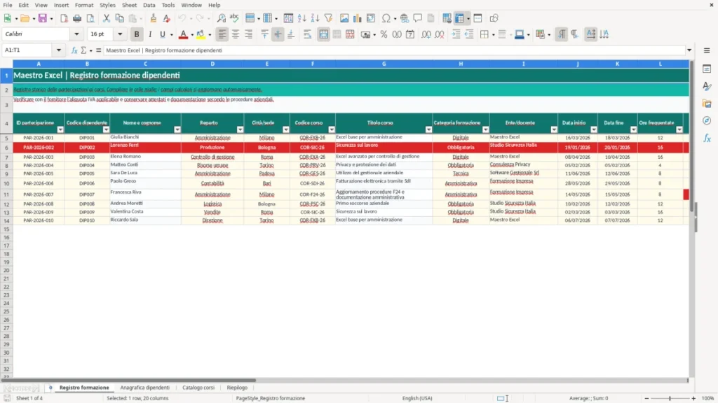 Anteprima del modello Registro formazione dipendenti Excel – Modello Gratis (2026)