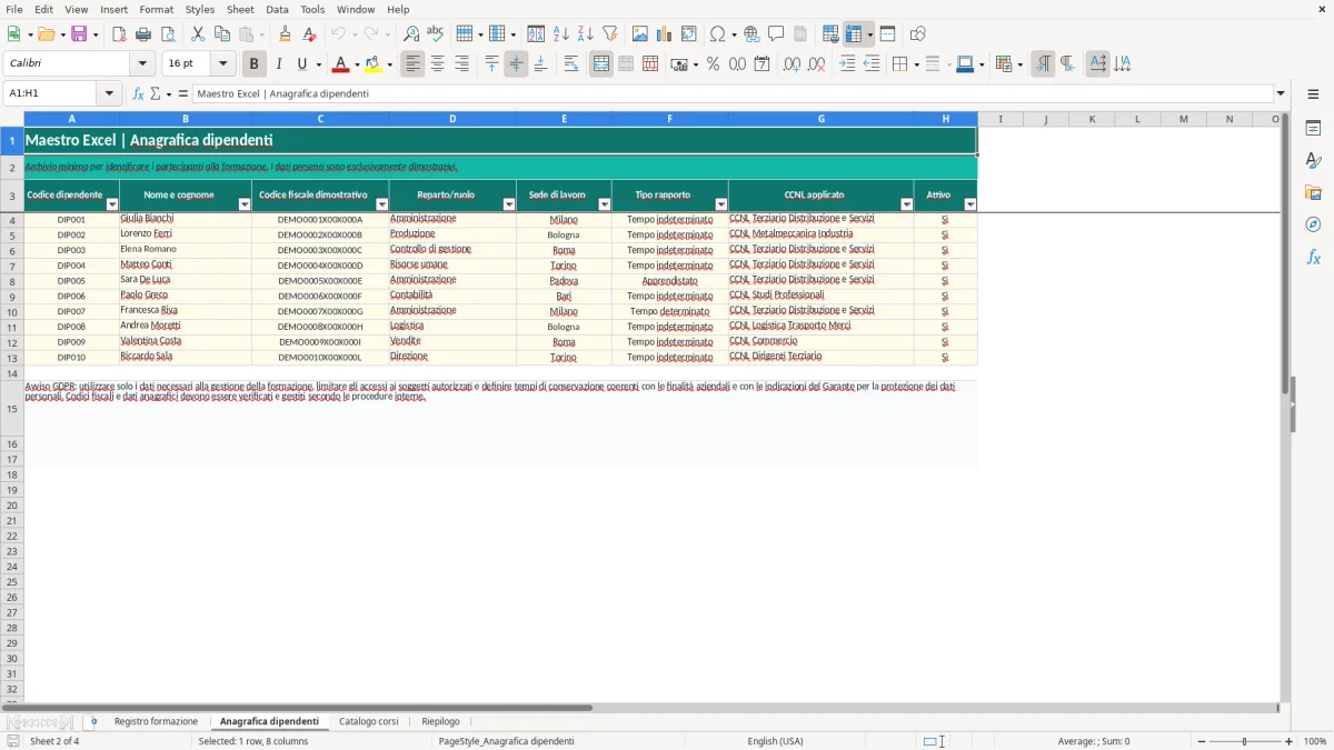 Anteprima del modello Excel registro formazione dipendenti Excel — foglio Anagrafica dipendenti (immagine 2)