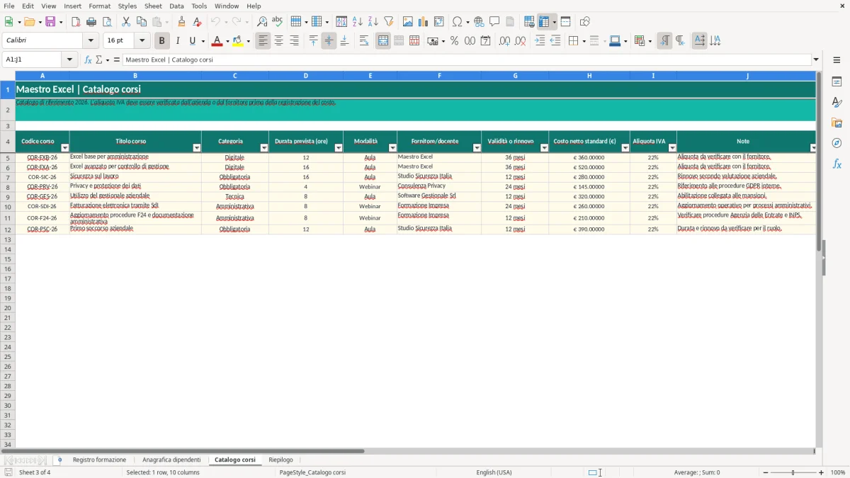Anteprima del modello Excel registro formazione dipendenti Excel — foglio Catalogo corsi (immagine 3)