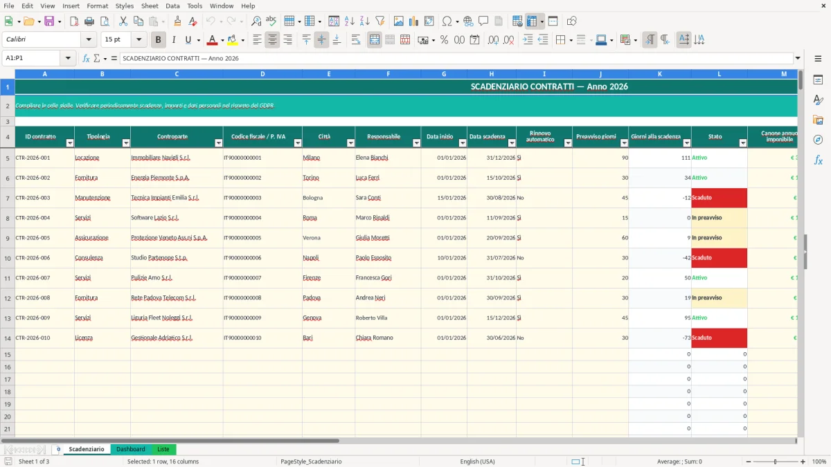 Anteprima del modello Excel scadenziario contratti Excel — foglio Scadenziario (immagine 1)