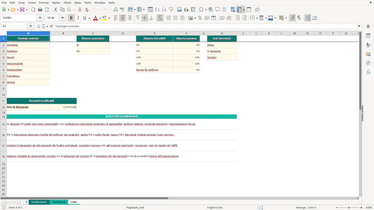 Anteprima del modello Excel scadenziario contratti Excel — foglio Liste (immagine 3)
